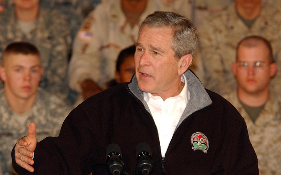 President George W. Bush speaks to a crowd of troops during a surprise visit to Bagram Airfield, Afghanistan, March 1, 2006.