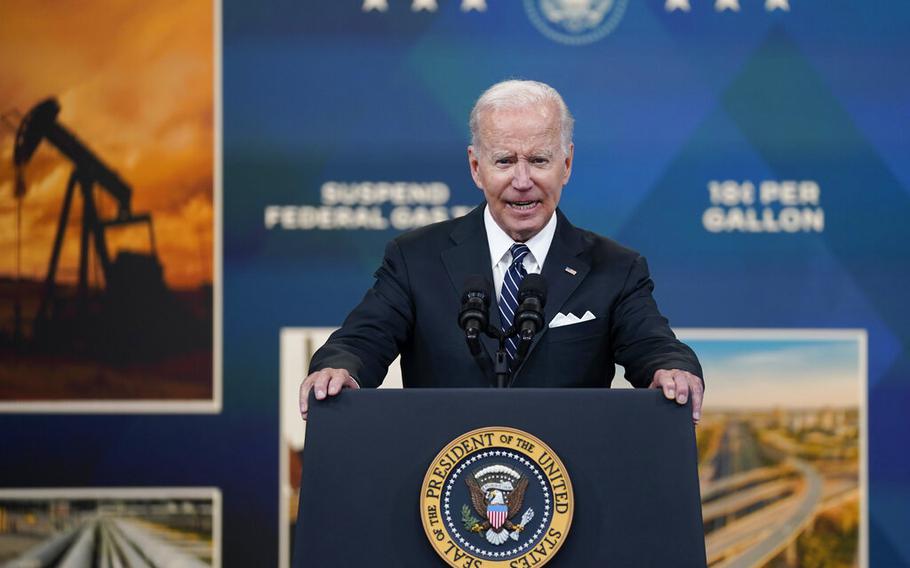 President Joe Biden speaks about gas prices in the South Court Auditorium on the White House campus, Wednesday, June 22, 2022, in Washington.