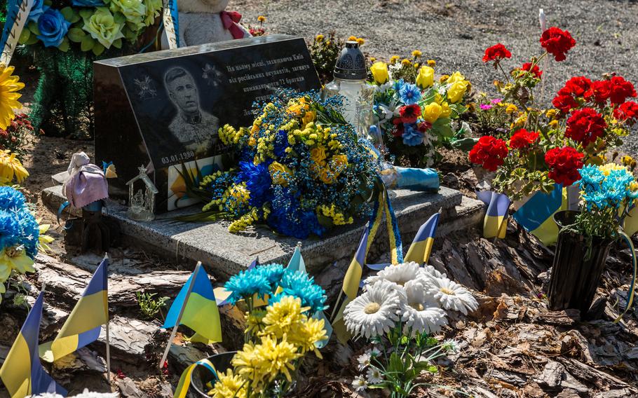 A memorial to soldiers who were killed in Russia’s invasion in March 2022, in Moshchun, Ukraine, on Friday, Aug. 4, 2023.