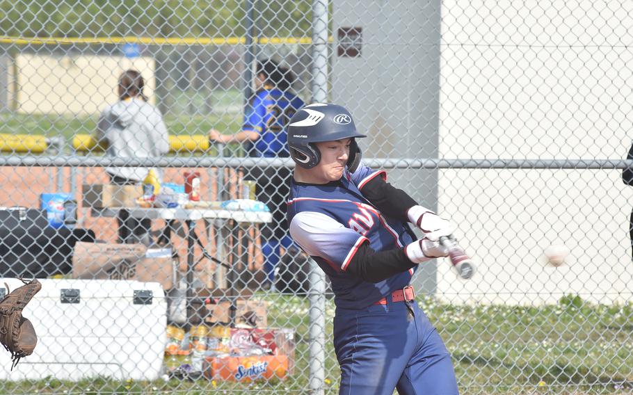 Aviano’s Cristiano Peterson gets set to connect with the ball in the Saints’ 11-1 victory over Sigonella on Saturday, April 6, 2024.