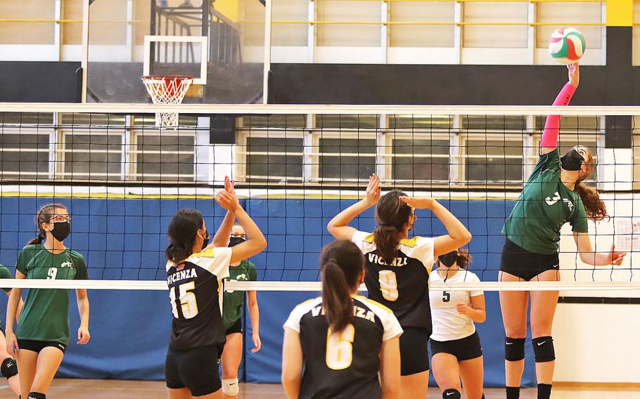 Josie Villarreal of the Naples Wildcats goes up for a kill during the DODEA-Europe Division II tournament in Vicenza, Italy, on Saturday, Oct. 30, 2021. Vicenza knocked off the top-seeded Wildcats in the semifinals and went on to win the tournament.