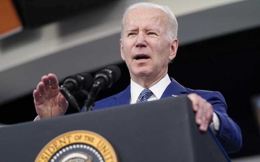 President Joe Biden speaks in the South Court Auditorium on the White House campus, March 4, 2022, in Washington. Biden has a solution for high inflation that seems counterintuitive: Bring factory jobs back to the U.S. This challenges a decades-long argument that employers moved jobs abroad to lower their costs by relying on cheaper workers. 