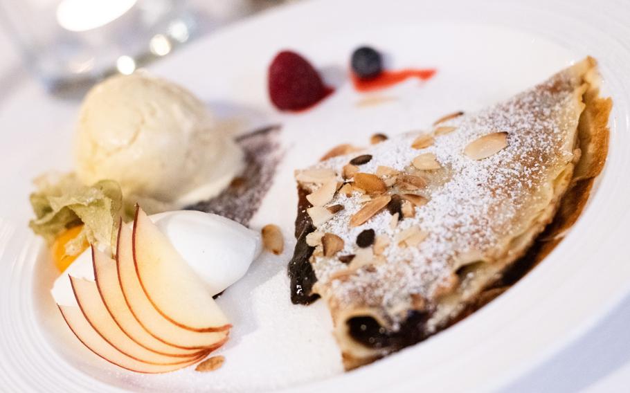The warm crepe at Julien, a French restaurant in Kaiserslautern, Germany, is made with plum filling. It paired beautifully with a scoop of vanilla ice cream.  