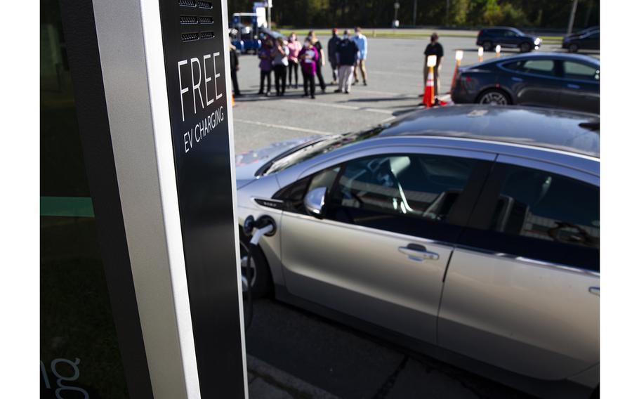 A Volta Charging station opens at Marin Corps Base Quantico, Va., on Oct. 13, 2020.