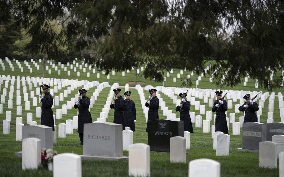 A firing party from the 3d U.S. Infantry Regiment (The Old Guard) fires three rifle volleys during military funeral honors with funeral escort for U.S. Army Air Forces Sgt. Irving Newman in Section 4 of Arlington National Cemetery, Arlington, Va., April 11, 2024. 