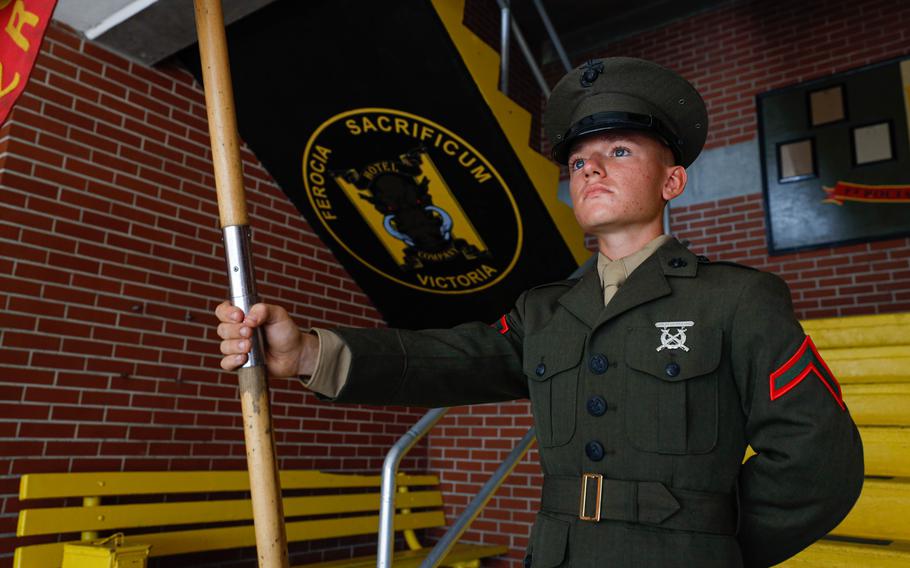 Pfc. Nathaniel Laprade, a Marine who stands 4 feet, 7 inches tall, is shown at Marine Corps Recruit Depot Parris Island, S.C., on Aug. 25, 2023.