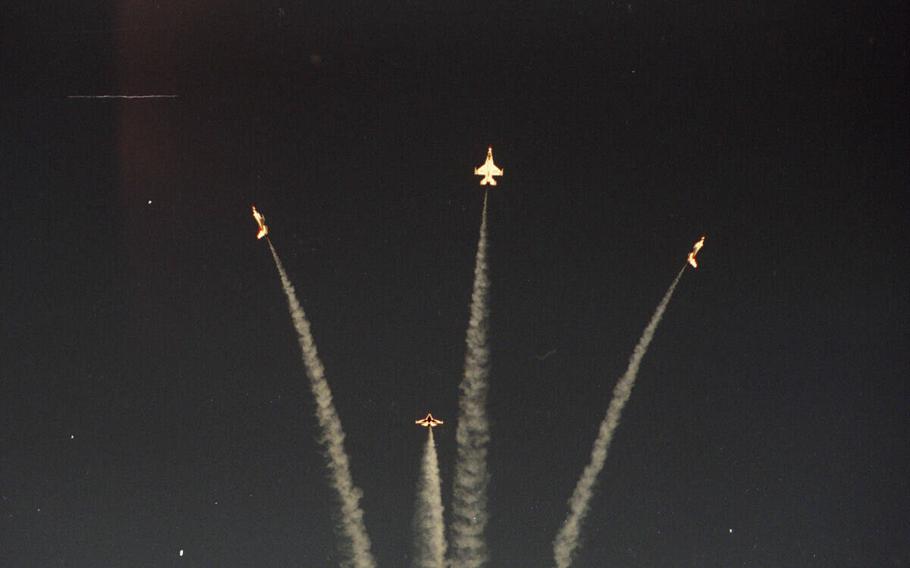 The Thunderbirds practice at the end of their 40th year on Nov. 19, 1997. On Monday, Nov. 22, the Thunderbirds began their 1994 season with three new F-15 pilots. 