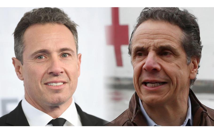 CNN host Chris Cuomo, left, was suspended on Tuesday, Nov. 30, 2021 “pending further evaluation of new information that came to light about his involvement” with his brother, former N.Y. Gov. Andrew Cuomo, seen at right.