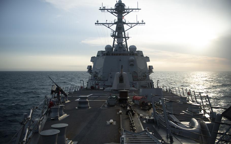 The guided-missile destroyer USS Sampson sails through the Taiwan Strait, Tuesday, April 26, 2022. 