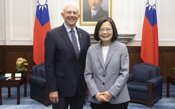 Taiwan President Tsai Ing-wen, right, meets with Rep. Jack Bergman, R-Mich., in Taipei, Taiwan on March 28, 2024.