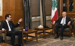 French Foreign Minister Stephane Sejourne, left, speaks with Parliament Speaker Nabih Berri during their meeting in Beirut, Lebanon, Sunday, April 28, 2024. (AP Photo/Hassan Ammar)