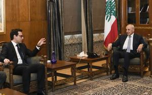 French Foreign Minister Stephane Sejourne, left, speaks with Parliament Speaker Nabih Berri during their meeting in Beirut, Lebanon, Sunday, April 28, 2024. (AP Photo/Hassan Ammar)