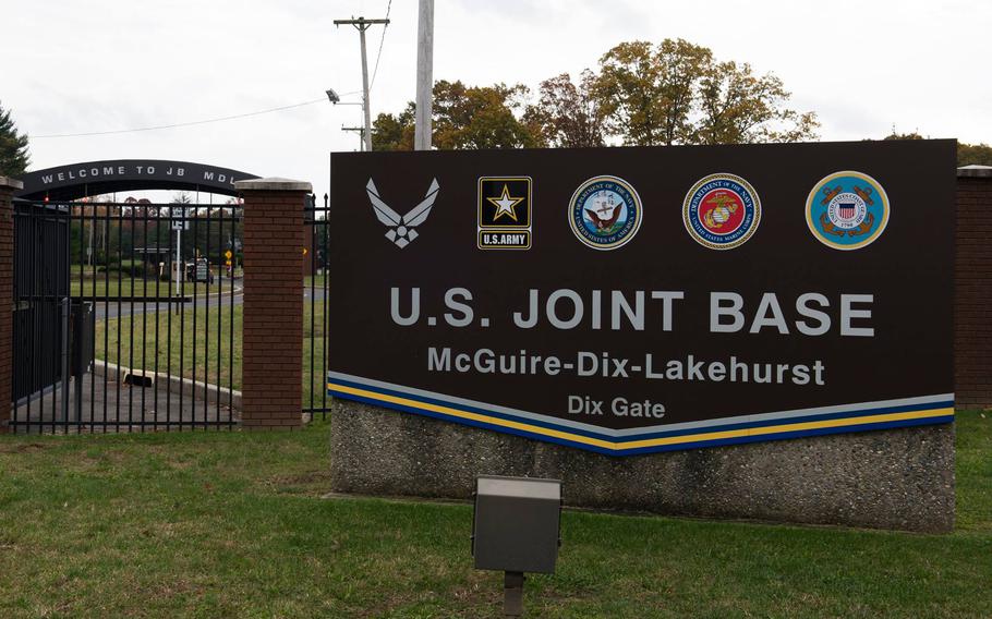 A sign outside Joint Base McGuire-Dix-Lakehurst, New Jersey’s largest military facility.