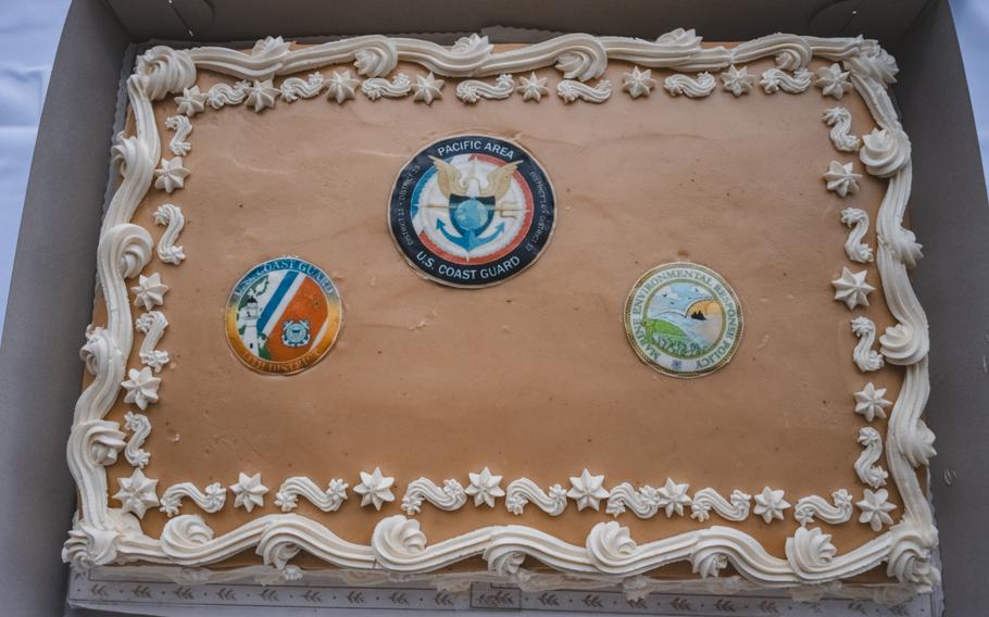 Cake for the ribbon cutting ceremony on Oct. 11, 2023, as the Coast Guard stands up a new marine environmental response unit in Honolulu.