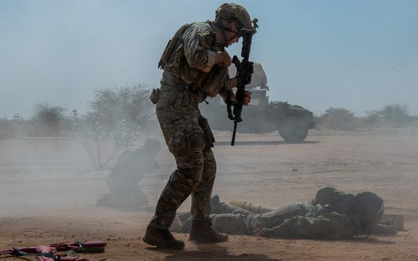 A U.S. airman assigned to the 409th Expeditionary Security Forces Squadron participates in a mass casualty training exercise at Air Base 201, Niger, Nov. 28, 2023. The U.S. has paused its counterterrorism operations and began removing some forces from Niger after the July coup, but continues to maintain its base presence and drone operations in the country. 
