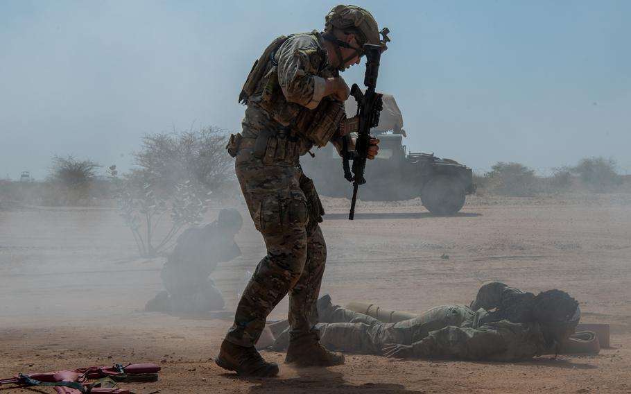 A U.S. airman assigned to the 409th Expeditionary Security Forces Squadron participates in a mass casualty training exercise at Air Base 201, Niger, Nov. 28, 2023. The U.S. has paused its counterterrorism operations and began removing some forces from Niger after the July coup but continues to maintain its base presence and drone operations in the country. 