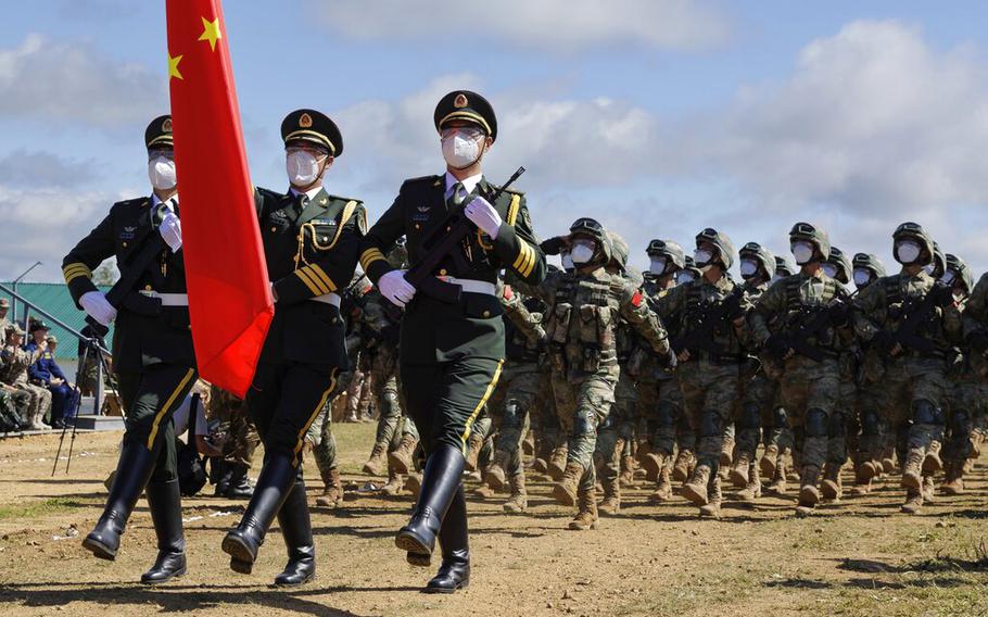 Chinese troops march during the Vostok 2022 military exercise at a firing range in Russia’s Far East, on Wednesday Aug. 31, 2022. Russia on Thursday launched weeklong war games involving forces from China and other nations in a show of growing defense cooperation between Moscow and Beijing.