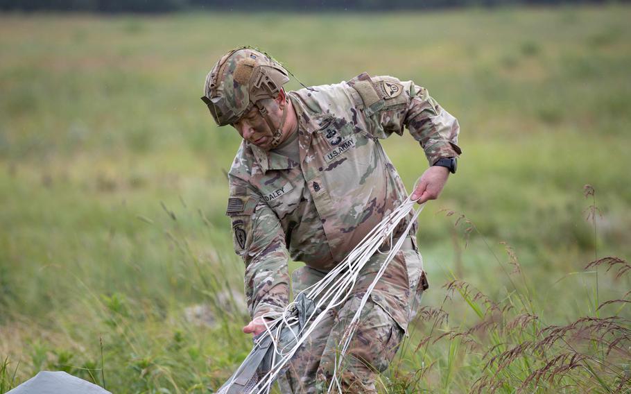 Army Command Sgt. Maj. Vern Daley, senior enlisted member of the 11th Airborne Division at Joint Base Elmendorf-Richardson in Alaska, participates in airborne operations in August 2023.