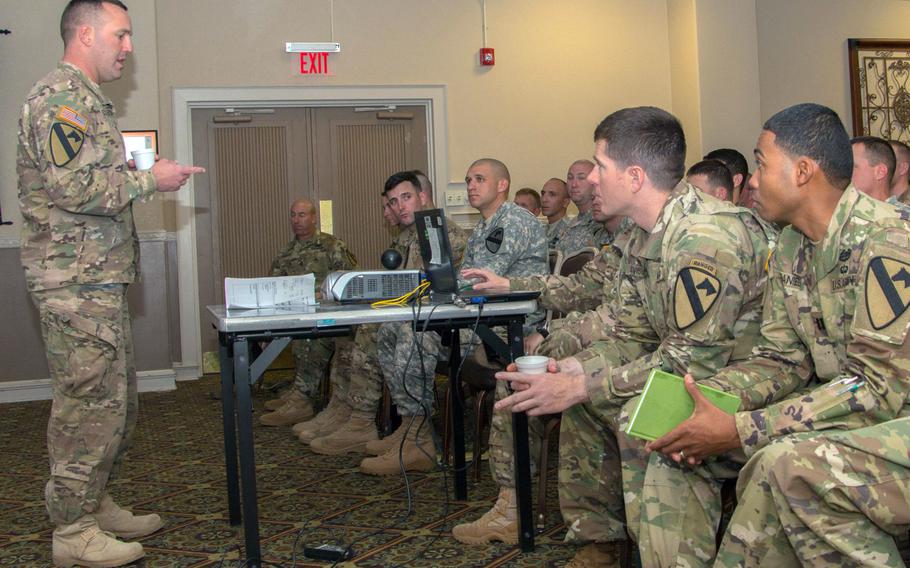 Then-Lt. Col. Michael Schoenfeldt, commander, 2nd Battalion, 5th Cavalry Regiment, 1st Armored Brigade Combat Team, 1st Cavalry Division, leads a discussion on hazing during the 1st ABCT Sexual Harassment/Assault Response Prevention conference at Club Hood, Texas in 2016. Schoenfeldt is under investigation after allegations of toxic leadership and violating coronavirus quarantine rules while commander of the brigade.
