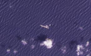 This satellite photo from Planet Labs PBC shows the USNS Roy P. Benavidez in the Mediterranean Sea off shore from the Gaza Strip on Saturday, April 27, 2024. A U.S. Navy ship involved in the American-led effort to bring more aid into the besieged Gaza Strip is off shore from the enclave, slowly building out a floating platform for the operation, satellite photos analyzed Monday, April 29, 2024, by The Associated Press show. (Planet Labs PBC via AP)