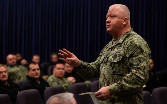 Master Chief Petty Officer of the Navy James Honea speaks with sailors and answers questions during an all-hands call at Naval Air Station Whidbey Island, Wash., in December 2022. Honea has said that beards are “not a hill I want to die on.”