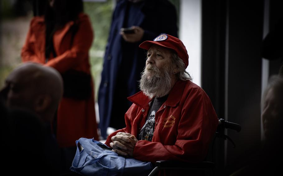 Kris Sharples, a veteran of the 556th Ordnance Company, attends the opening ceremony Wednesday, May 8, 2024, for a new audio guide remembering the American military presence in Pirmasens, Germany. Sharples wore his “safe driver award” jacket, which he earned during his assignment in Pirmasens.