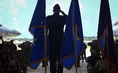 Air Force Brig. Gen. Paul Birch salute's after taking command of the 36th Wing at Andersen Air Force Base, Guam, Friday, June 10, 2022.