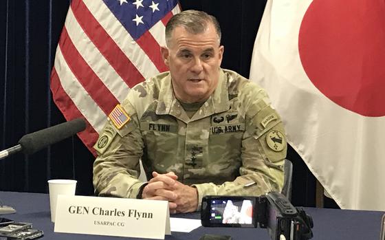 U.S. Army Pacific commander Gen. Charles Flynn speaks to reporters during a media roundtable at the U.S. Embassy in Tokyo on April 3, 2024.