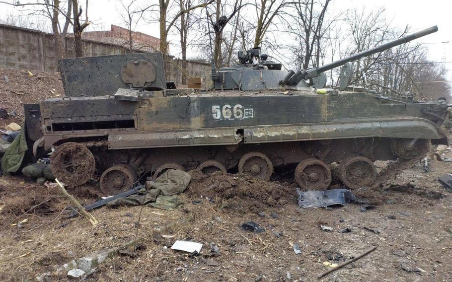 A March 7, 2022 photo, via the Ministry of Internal Affairs of Ukraine, shows the destruction of a Russian BMP-3 IFV by Ukrainian troops in Mariupol, Ukraine. The Russian open-source military analysis group Conflict Intelligence Team, now in Tbilisi, Georgia, estimated losses of equipment and personnel to be so dire that it downgraded the Russian military’s fighting ability in Ukraine from “capable of attacking” to “capable of limited defense.”