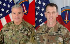 Command Sgt. Maj. Jeremiah Inman, left, replaced Command Sgt. Maj. Robert Abernethy as the top enlisted soldier at U.S. Army Europe and Africa in a change of responsibility ceremony in Wiesbaden, Germany, Jan. 28, 2022. Abernethy is headed to U.S. European Command in Stuttgart.