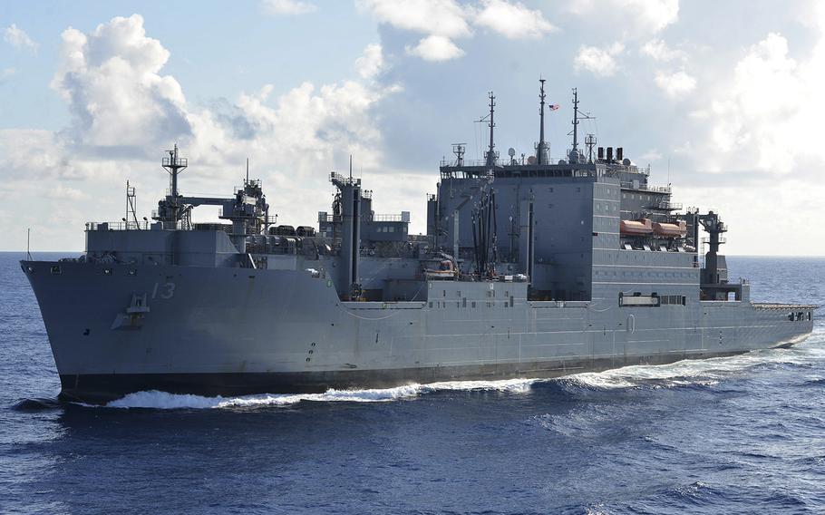 The Lewis and Clark-class dry cargo and ammunition ship USNS Medgar Evers (T-AKE-13), sails through the Atlantic on Sept. 21, 2016. The Navy and Coast Guard have suspended searches for a mariner who disappeared from the ship on Wednesday, Sept. 28, 2022.