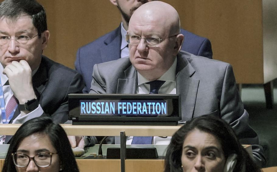 Russia United Nations Ambassador Vassily Nebenzia, center right, listens before the U.N. General Assembly vote in favor of a U.N. resolution upholding Ukraine's territorial integrity and calling for a cessation of hostilities after Russia's invasion, Thursday Feb. 23, 2023 at U.N. headquarters.