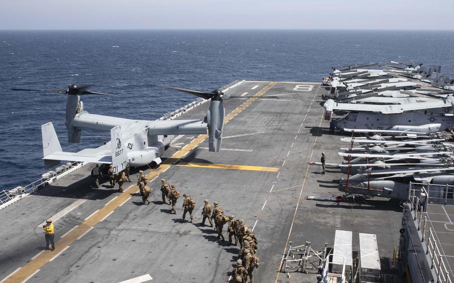 120p na               IThe Makin Island Amphibious Ready Group, consisting of USS Makin Island (LHD8), USS Somerset (LPD 25), USS San Diego (LPD 22), and embarked 15th Marine Expeditionary Unit; and USS Hershel “Woody” Williams (ESB 4) conduct maritime operations off the coast of Somalia in support of Operation Octave Quartz (OOQ). The OOQ mission is to reposition U.S. Department of Defense personnel from Somalia to other locations in East Africa. (U.S. Navy photo by Mass Communication Specialist 2nd Class Michael J. Lieberknecht)