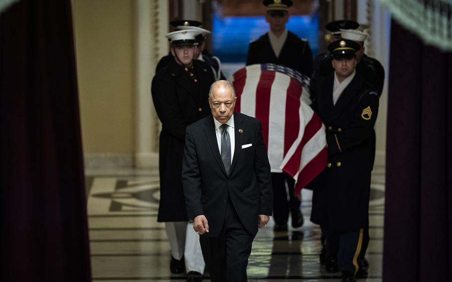 House Sergeant at Arms William Walker leads a casket carrying Rep. Don Young (R-Alaska) in Statuary Hall at the U.S. Capitol on March 29, 2022, in Washington, D.C.