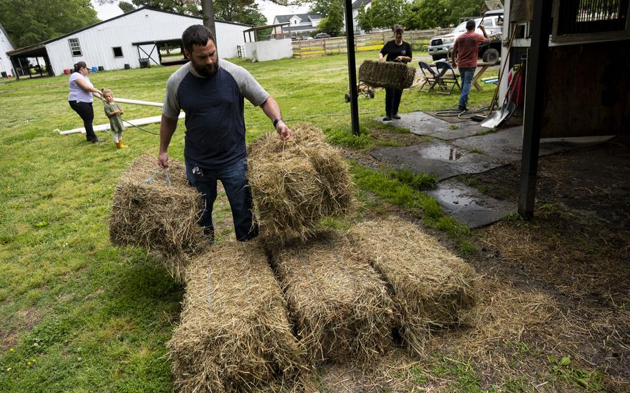 Jarred Bragg helps move bails of hay. Trails of Purpose provides free mental health services to members of the military.