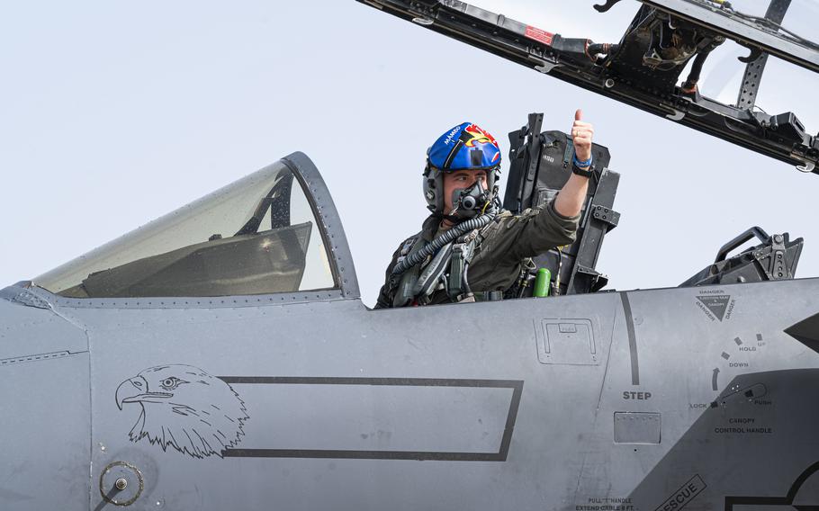 A U.S. Air Force F-15E Strike Eagle pilot prepares for takeoff April 6, 2022, at Andravida Air Base, Greece. Eligible fighter pilots can earn up to $200,000 in upfront bonus payments if they elect to stay on active duty for eight to 12 more years.