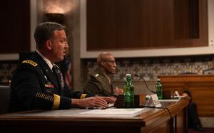 U.S. Army Gen. Michael “Erik” Kurilla, U.S. Central Command commander, and U.S. Marine Corps Gen. Michael E. Langley, U.S. Africa Command commander, provide testimony at a Senate Armed Services Committee posture hearing at the Dirksen Senate Office Building in Washington, D.C., March 16, 2023. (DoD photo by U.S. Air Force Staff Sgt. John Wright)