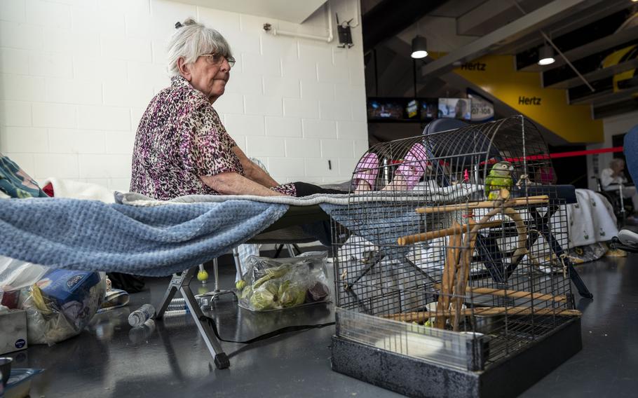 Pat Heiland, who rode out the storm at her home in Sanibel, Fla., is seen at Hertz Arena with her Senegal parrot, Will. 