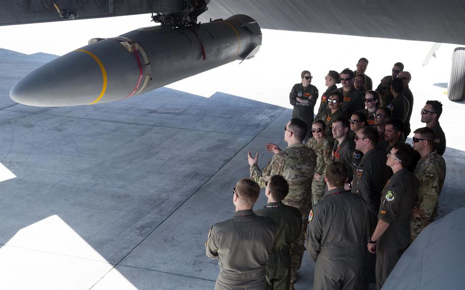 B-52 Stratofortress bomber crews take part in hypersonic weapon familiarization training at Andersen Air Force Base, Guam, on Feb. 27, 2024. 