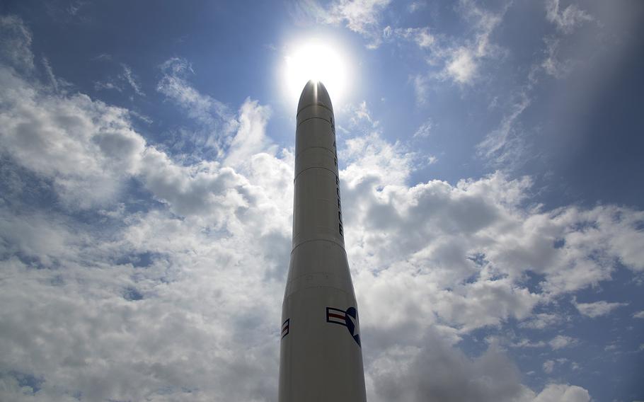 An out of service missile stands as a sculpture at the main gate of Malmstrom Air Force Base in Great Falls, Mont. A new U.S. Army report says the Chinese military has improved the accuracy and range of its ballistic missile force, the world’s largest.