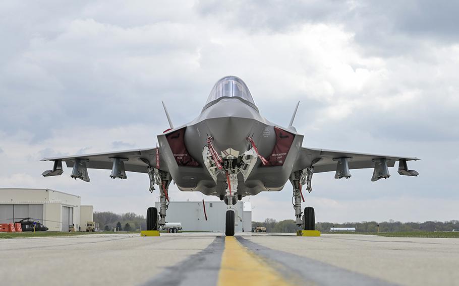One of the first three F-35A Lightning II aircraft assigned to the Wisconsin Air National Guard’s 115th Fighter Wing arrives at Dane County Regional Airport in Madison, Wisconsin, Apr. 25, 2023.  