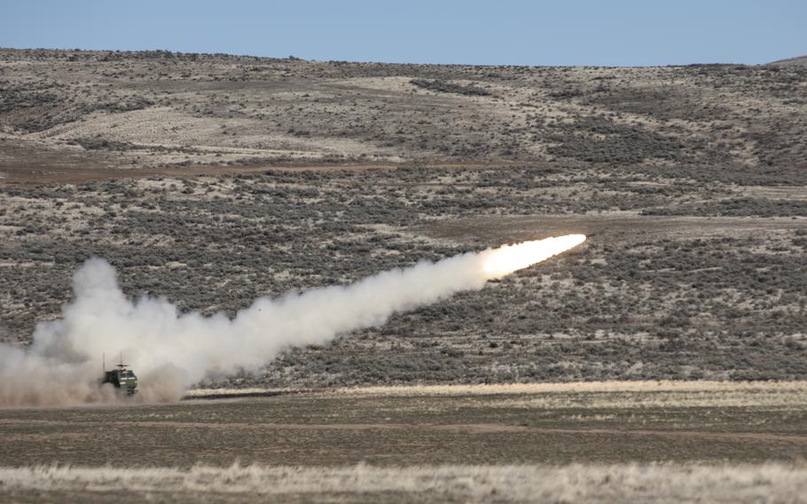 A High Mobility Artillery Rocket System (HIMARS) from A Battery, 5th Battalion, 3rd Field Artillery Regiment, 17th Field Artillery Brigade, launches a rocket in Yakima Training Center, Washington state, during a live fire qualification range on March 11, 2020.