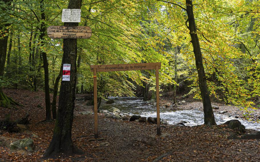 The Belleheid Bridge trailhead for the Promenade de la Hoegne in Jalhay, Belgium, as seen Oct. 28, 2023. For about 2 miles between the Belleheid Bridge and the Centennial Bridge, the trail courses through the scenic Hoegne River valley.