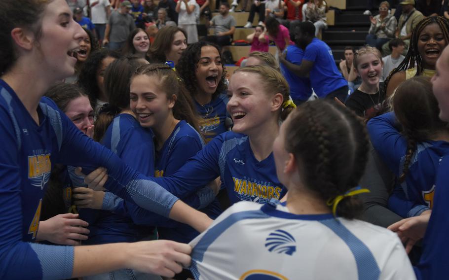 The Wiesbaden Warriors celebrated their DODEA European Division I volleyball title after defeating Kaiserslautern in four sets on Saturday, Oct. 29, 2022, at Ramstein High School in Germany. Wiesbaden won the match in four sets, earning their first championship since 2014.