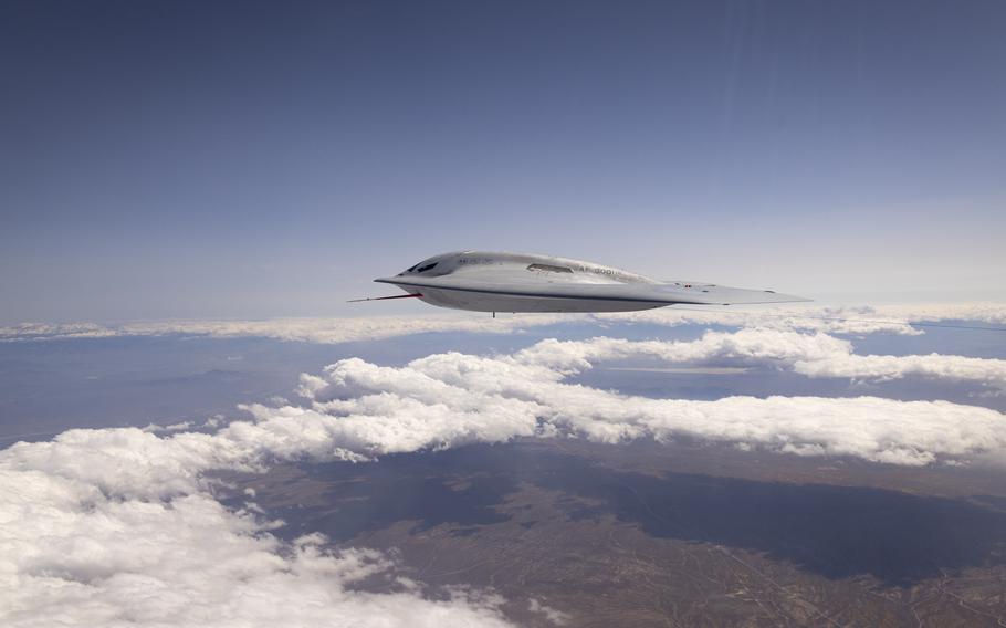 A B-21 Raider conducts flight tests, which include ground testing, taxiing and flying operations, at Edwards Air Force Base, Calif. 