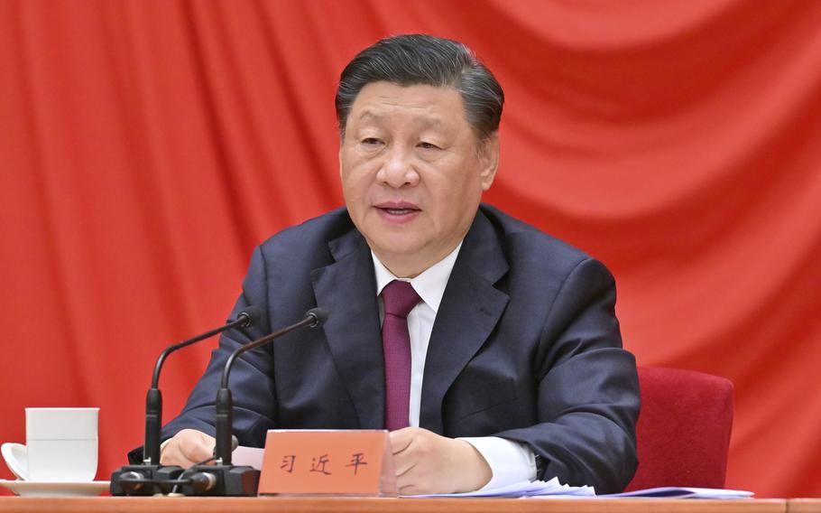 In this photo released by Xinhua News Agency, Chinese President Xi Jinping delivers a speech at a ceremony marking the 100th anniversary of the founding of the Communist Youth League of China at the Great Hall of the People in Beijing on Tuesday, May 10, 2022. Chinese President Xi Jinping on Tuesday promoted the role of the ruling Communist Party's youth wing ahead of a key party congress later this year that comes amid rising economic and social pressures. (Yue Yuewei/Xinhua via AP)
