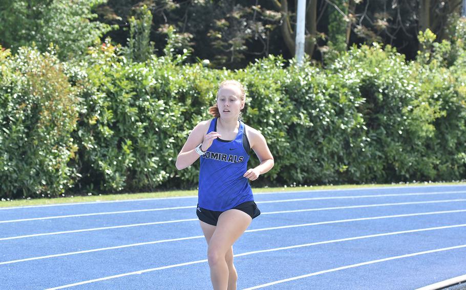 Rota's Anna Townsend broke away from the field early and won the 800 meters on Saturday, April 29, 2023, at a DODEA-Europe track meet in Pordenone, Italy.