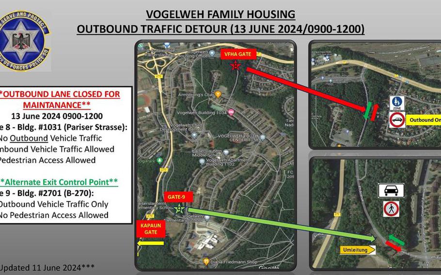 Maintenance work will affect traffic flow at Einsiedlerhof Gate 2 and VFHA Gate 8 on June 13 and 14. Drivers are advised to follow gate guards’ instructions and plan accordingly to avoid delays.