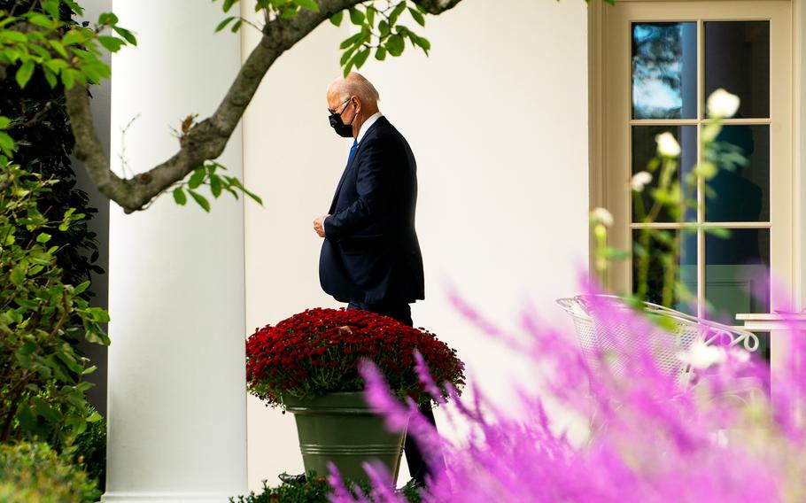 President Biden departs the West Wing to board Marine One on the South Lawn of the White House on Oct. 15 in Washington.