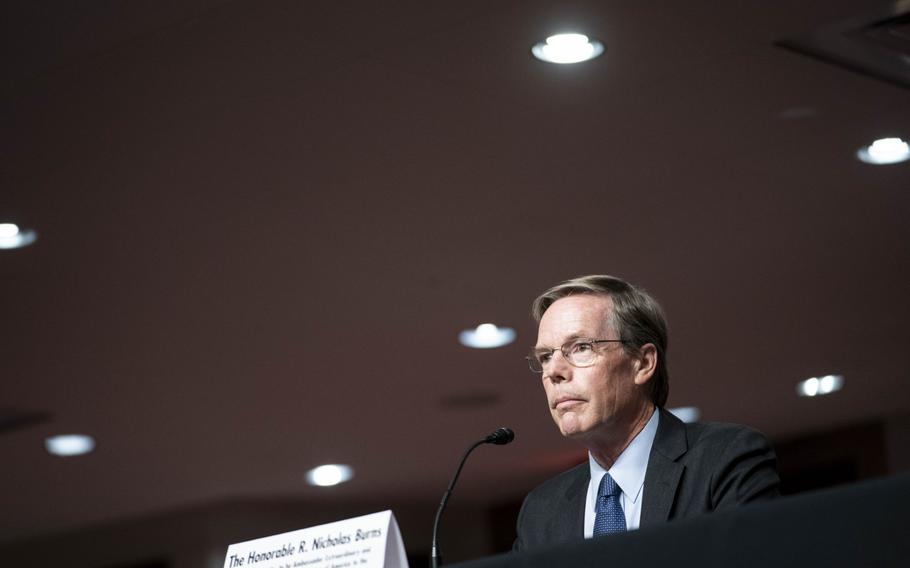 Nicholas Burns, then the nominee for U.S. ambassador to China, listens during a Senate Foreign Relations Committee confirmation hearing in Washington, D.C., on Oct. 20, 2021.